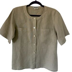 Jaeger Linen Blouse Beige Minimalist Button Front Top UK 8